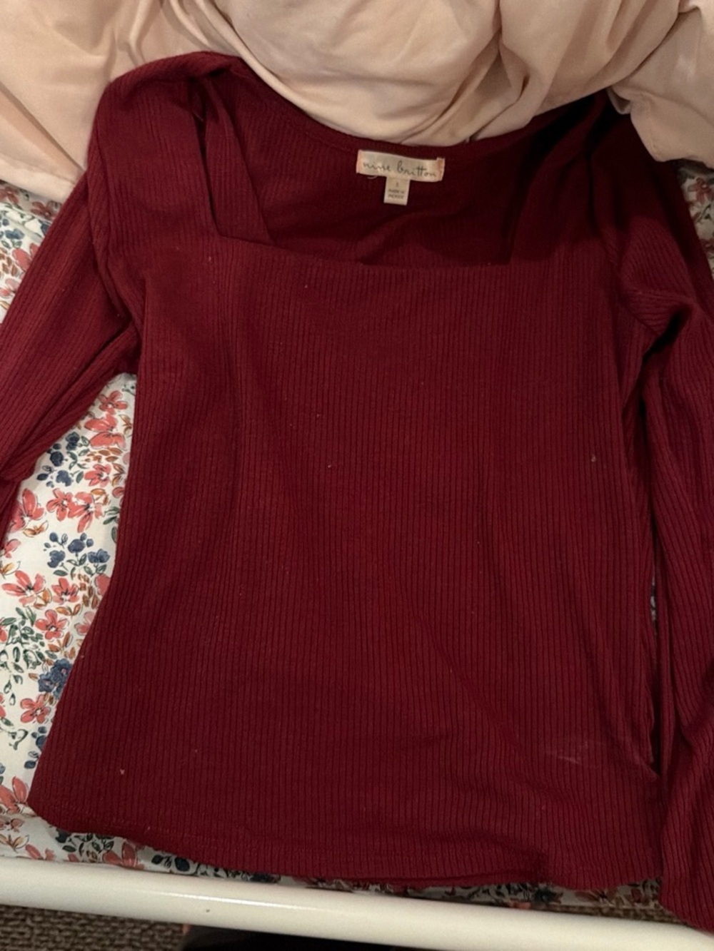 nine britton Ribbed Square-Neck Long Sleeve Top - Burgundy